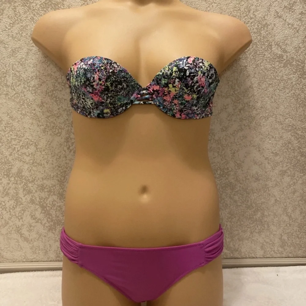 Victoria's Secret Multicolor Paint Splatter Bikini with Pink Bottom